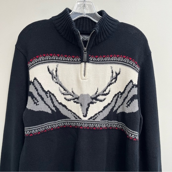 Chaps Sweater Men’s Large Black Fair Isle Deer Skull  Sweater Quarter Zip - Picture 2 of 6